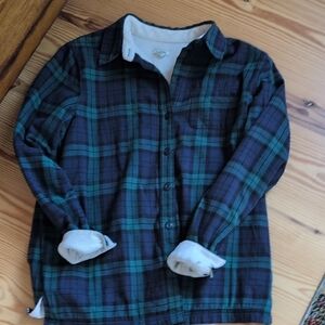 L.L. Bean Green and Black Checkered Shirt With Sherpa Lining